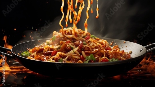 Mapo noodles being tossed in a pan, capturing the dynamic motion of the cooking process.