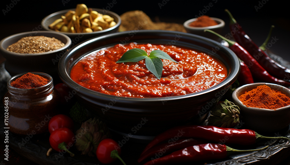 Fresh tomato and chili pepper in a bowl generated by AI Fresh tomato and chili pepper in a bowl generated by AI
