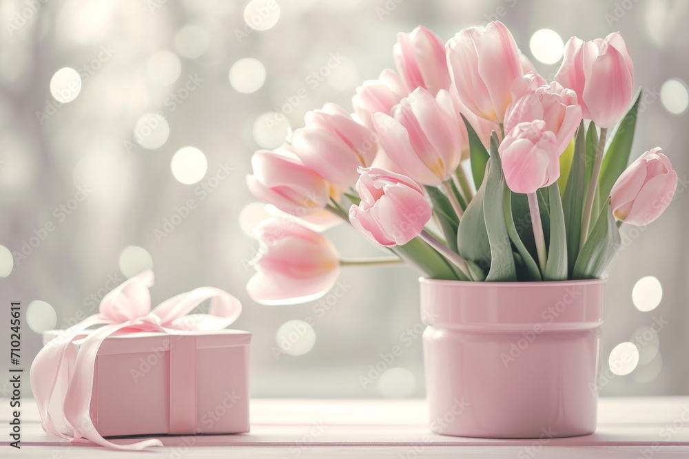 Obraz premium Pink Tulip Bouquet with Gift. Pink tulip bouquet with matching gift on a sparkling bokeh background.