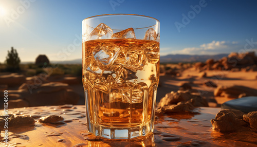 A refreshing whiskey cocktail on a sunset mountain table generated by AI © Jeronimo Ramos