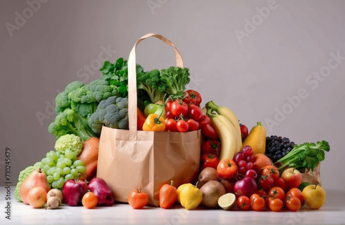 Healthy food background. Healthy food in paper bag vegetables and fruits on white. Food delivery  shopping food supermarket concept  healthy life concept