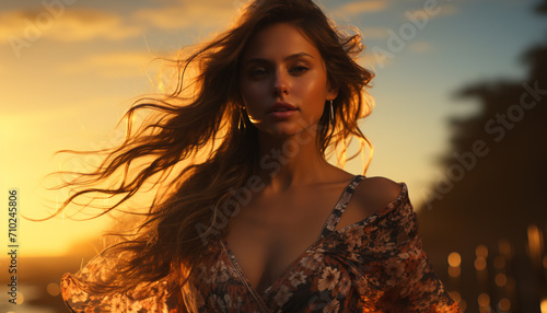 Young woman enjoying the sunset, her beauty radiating in nature generated by AI