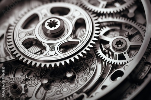 Close-up of intricate watch gears and cogs in monochrome, symbolizing precision and complexity.