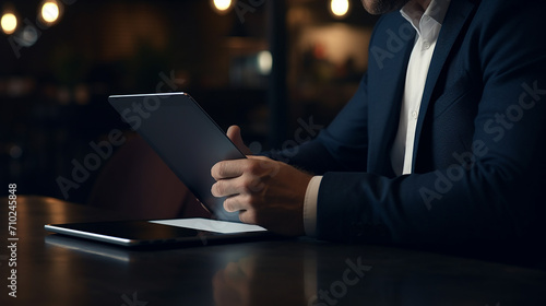 close up view of man using blank screen tablet while working in dark modern workspace