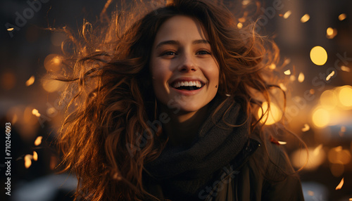 Smiling young woman, outdoors, enjoying nature, carefree and happy generated by AI