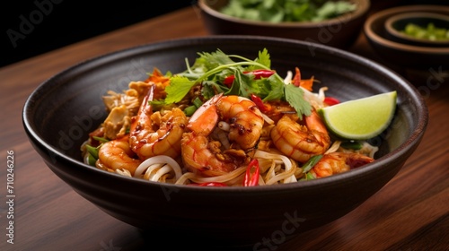 Pad Thai served in a contemporary bowl, featuring tantalizing shrimp, bean sprouts, and aromatic herbs, captured in sharp focus.