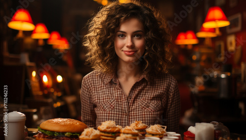 Smiling young woman enjoying food and drink generated by AI