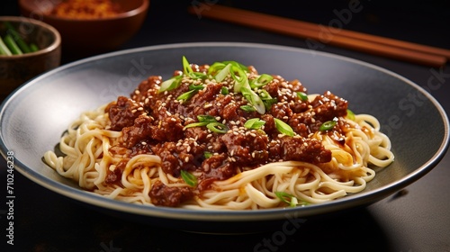 Mapo noodles garnished with sesame seeds, green onions, and red chili flakes on a modern ceramic plate.