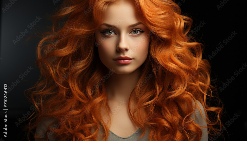 A beautiful young woman with curly hair and elegance in fashion generated by AI