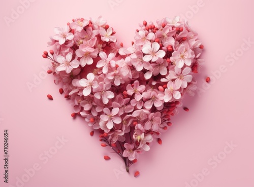 A heart shape of flowers on a pink background
