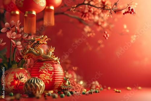 Chinese New Year Decorations with Traditional Chinese Vase on Red Festive Background