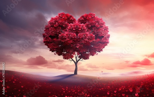 A heart shape tree stands in a field of red flowers   abstract landscape background illustration