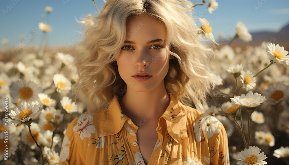 Young woman with blond hair smiling, looking at camera in meadow generated by AI Young woman with blond hair smiling, looking at camera in meadow generated by AI