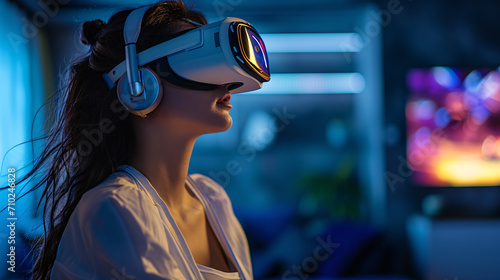 Striking image of a tech savvy woman deeply immersed in a virtual reality world, showcasing the cutting edge of entertainment technology and copy space.