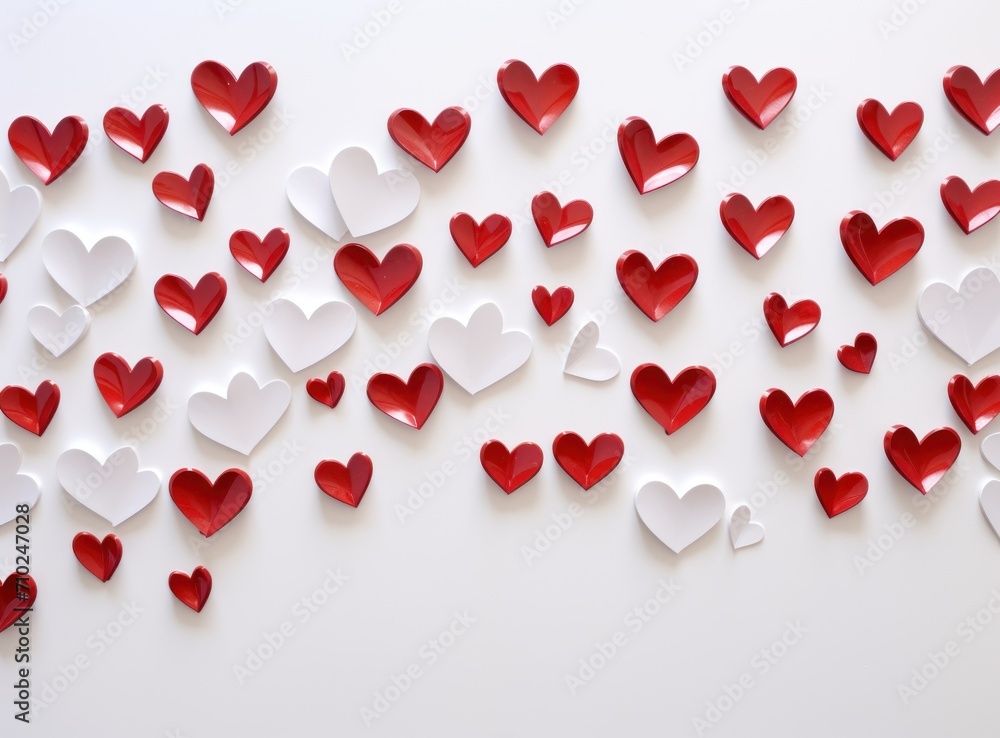 A white background is decorated with red hearts