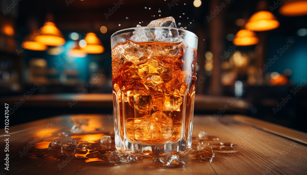 Whiskey glass on table, ice cube melting, drink establishment ambiance generated by AI Whiskey glass on table, ice cube melting, drink establishment ambiance generated by AI