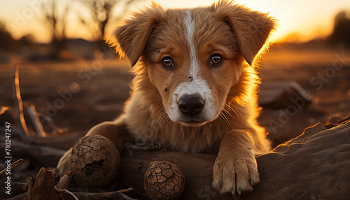 Cute puppy sitting in grass, enjoying sunset generated by AI © Jemastock