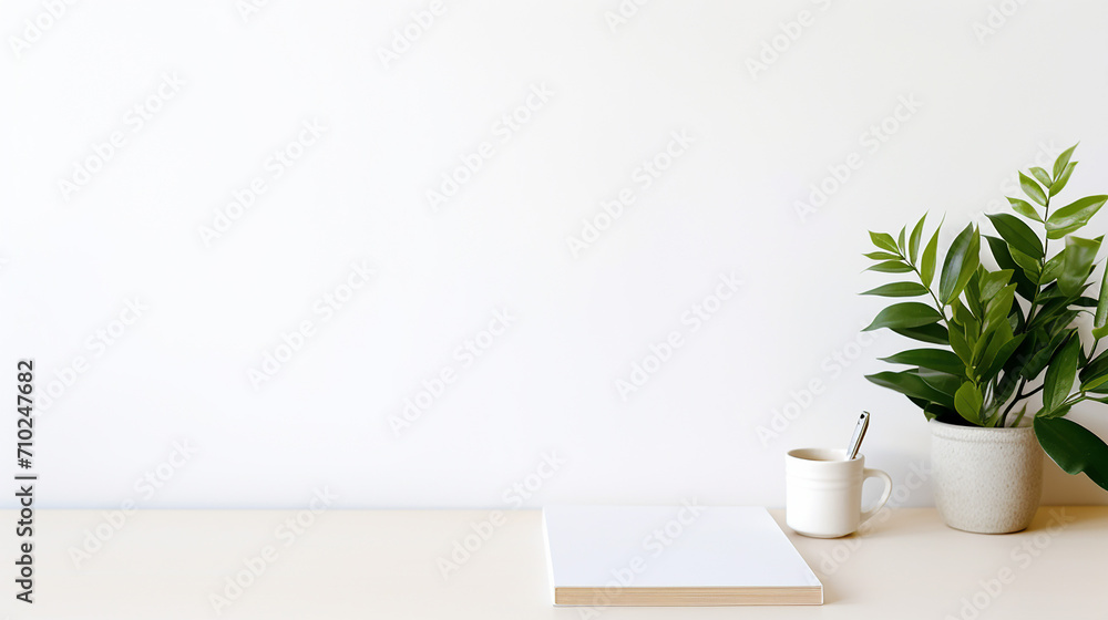 top view of simple white workspace with copy space.
