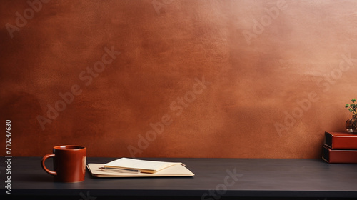 office leather desk table with coffee and office supplies