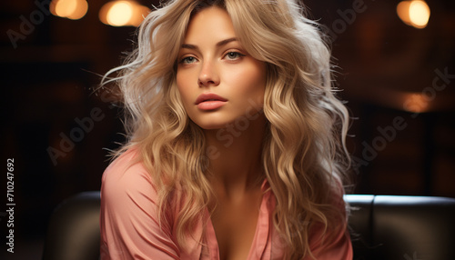 A beautiful young woman with blond hair looking at camera generated by AI