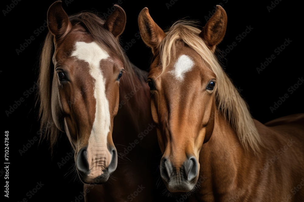 Two horses isolated on black background close up Two horses isolated on black background close up