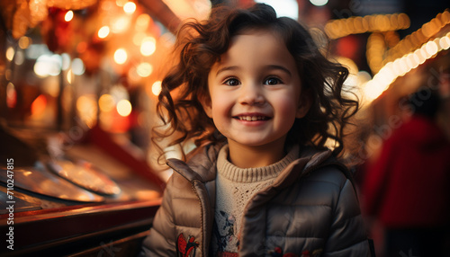 Smiling girl enjoys Christmas lights, bringing joy generated by AI © Jemastock