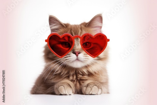 Valentine s Day pet cat wearing red heart glasses on a white background Cute kitty birthday invitation with fancy sunglasses