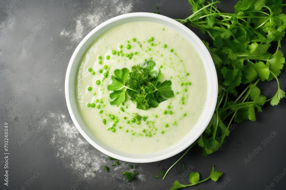 Vegan cream soup with green pea shoots in a white bowl on a gray concrete background Vegan cream soup with green pea shoots in a white bowl on a gray concrete background