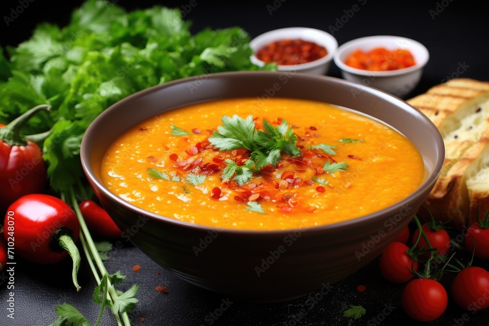 Vegan soup made with vegetables red lentils beans and tomatoes Vegan soup made with vegetables red lentils beans and tomatoes