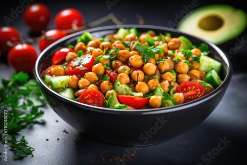 Vegan salad with roasted chickpeas avocado and tomatoes in a white bowl photo