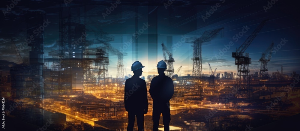 Silhouette of civil engineer and building designer meeting at construction site during the night in double exposure banner. Silhouette of civil engineer and building designer meeting at construction site during the night in double exposure banner.