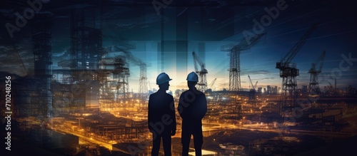 Silhouette of civil engineer and building designer meeting at construction site during the night in double exposure banner.