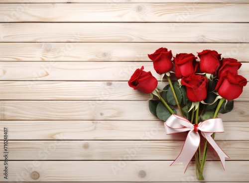 Red roses with bow on a wooden background