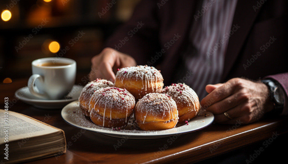 Unrecognizable person holding a donut and coffee generated by AI - obrazy, fototapety, plakaty 