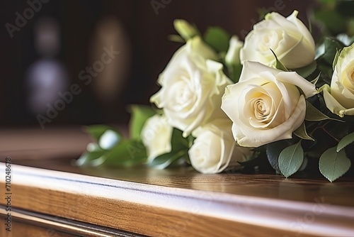 White rose flower placed on a wooden coffin in a church symbolizing funeral and mourning