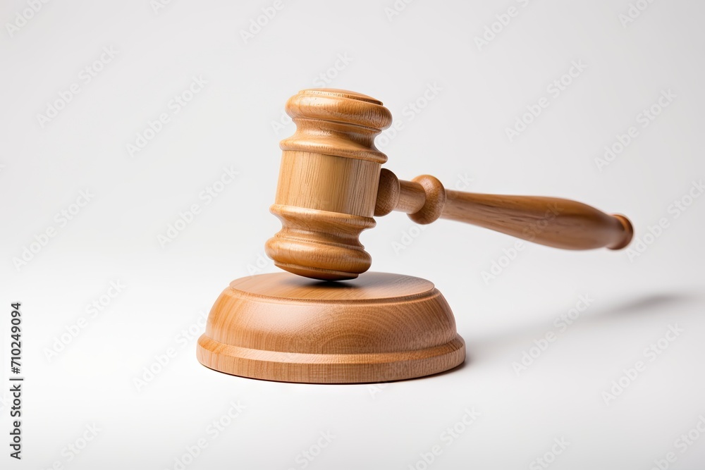 Wooden judge gavel and soundboard on white backdrop