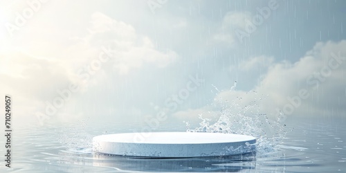 White round podium on transparent clear water. Empty podium for product or packaging presentation. AI generated image. 