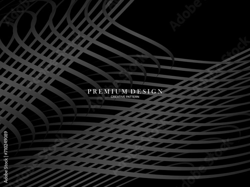 Black abstract background design. Modern wavy lines (guilloche curves) pattern in monochrome colors. Premium line texture for banner, business card, background. Dark horizontal vector template.