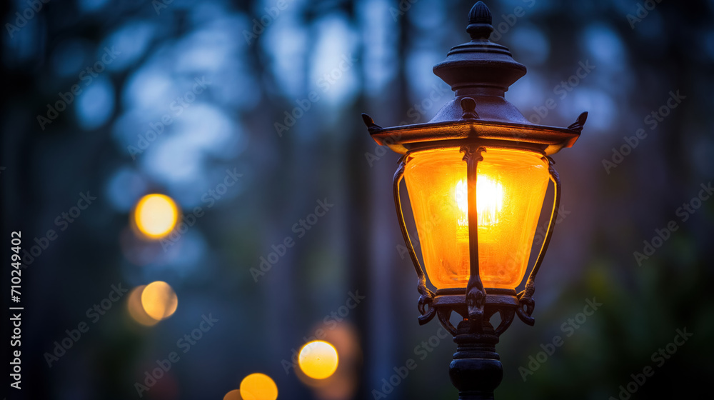 Old-fashioned lamp glowing at dusk. Old-fashioned lamp glowing at dusk.