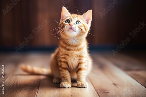 Young ginger tabby cat sitting on floor asking for food meowing smiling seen from above with soft focus
