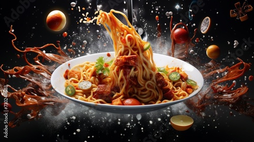 Mapo noodles in a cosmic setting, surrounded by floating ingredients in zero gravity. photo
