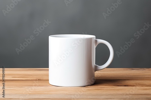 Close up coffee mug mockup on a wooden podium with white background providing space for your advertising text or promotional content