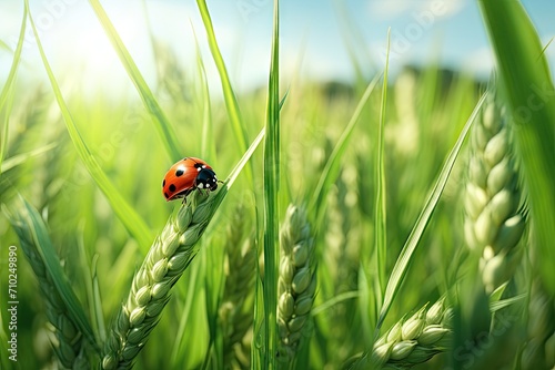 Close up macro of ladybug on fresh green wheat ears in a spring or summer field with ample space for text photo