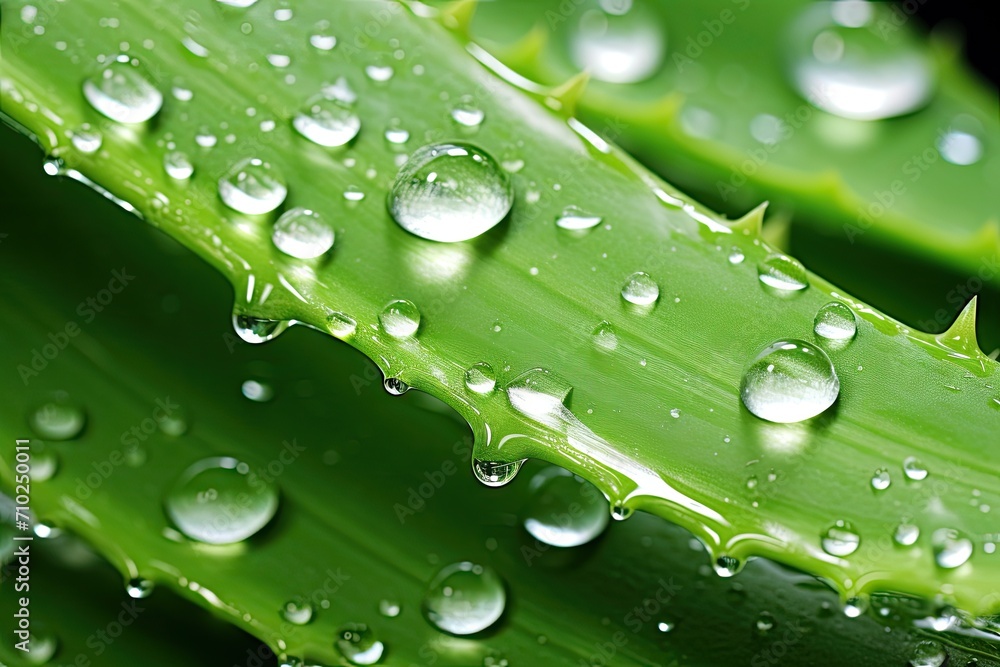 Close up of aloe vera with water droplets in a spiral shape