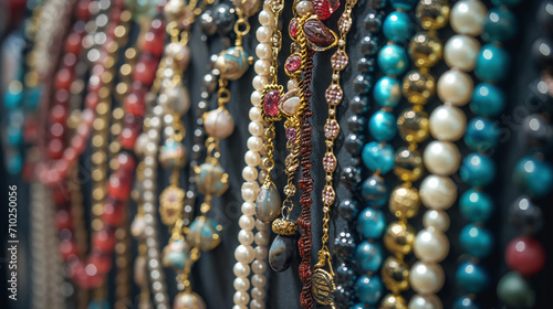 Assorted colorful necklaces on display.