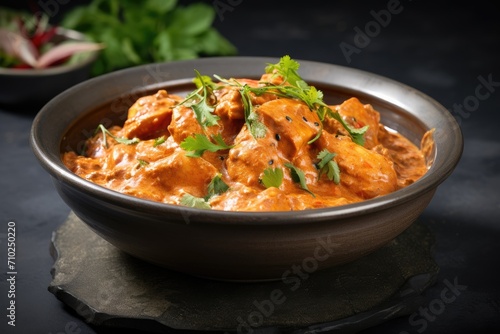 Close up of Murgh Makhani an Indian Cuisine dish with creamy masala and chicken meat in a copper bowl on a gray concrete tabletop