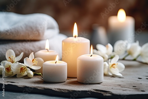 Close up of scented candles providing a soothing atmosphere in a spa Elegant arrangement with grey and white candles for a calming spa experience Zen and tranq