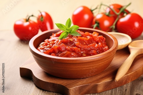Close up photo of vegan arrabbiata sauce served in a wooden bowl made with tomatoes garlic and dried chili peppers cooked in olive oil