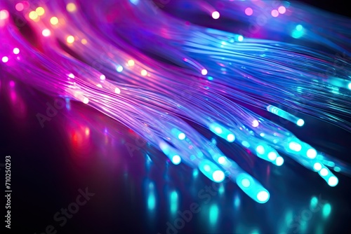 Closeup photo of fiber optic channels glowing with a background of fiber channels
