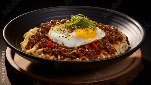 Mapo noodles in a modern fusion setting, combining traditional and contemporary elements.